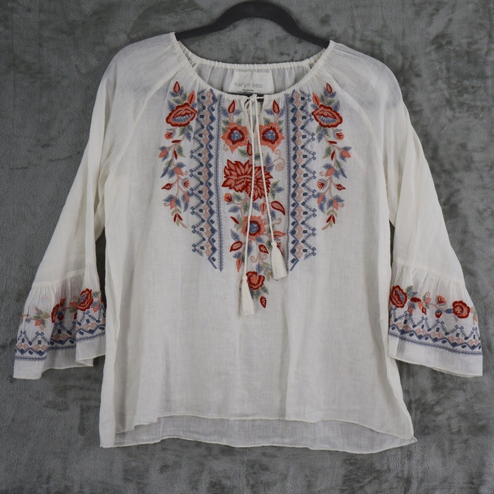 Karyn Seo‎ Embroidered Linen Top Womens XL White Boho Bohemian Cottage NWOT